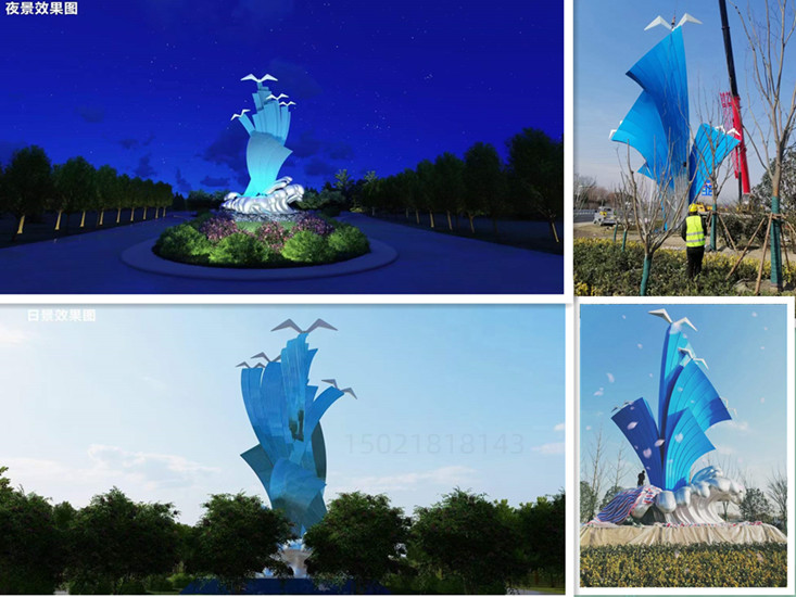 东营城市标志夜景灯光雕塑 不锈钢浪尖上的海鸥雕塑定制